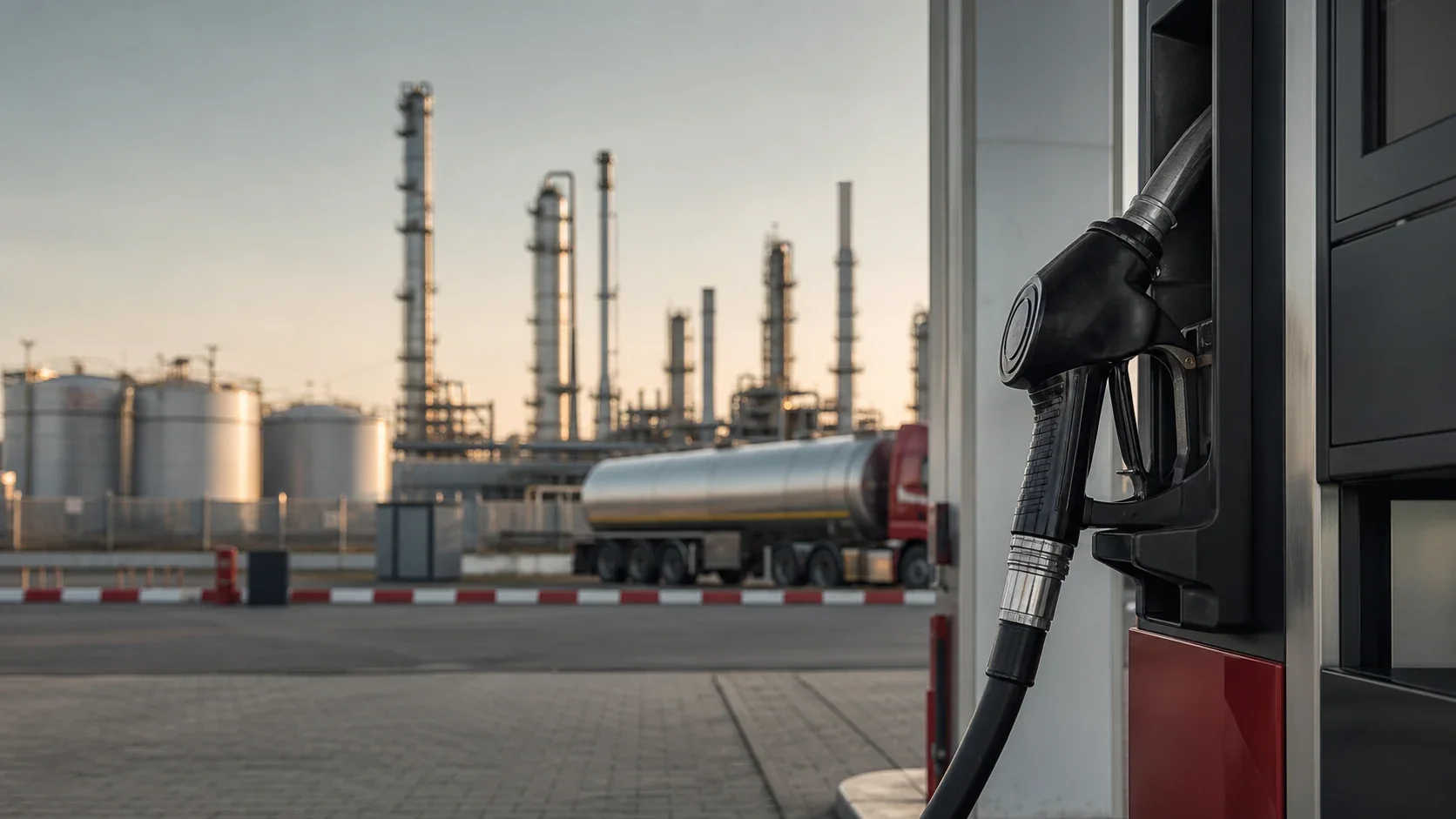 Топливный пистолет на АЗС, нефтеперерабатывающий завод и бензовоз